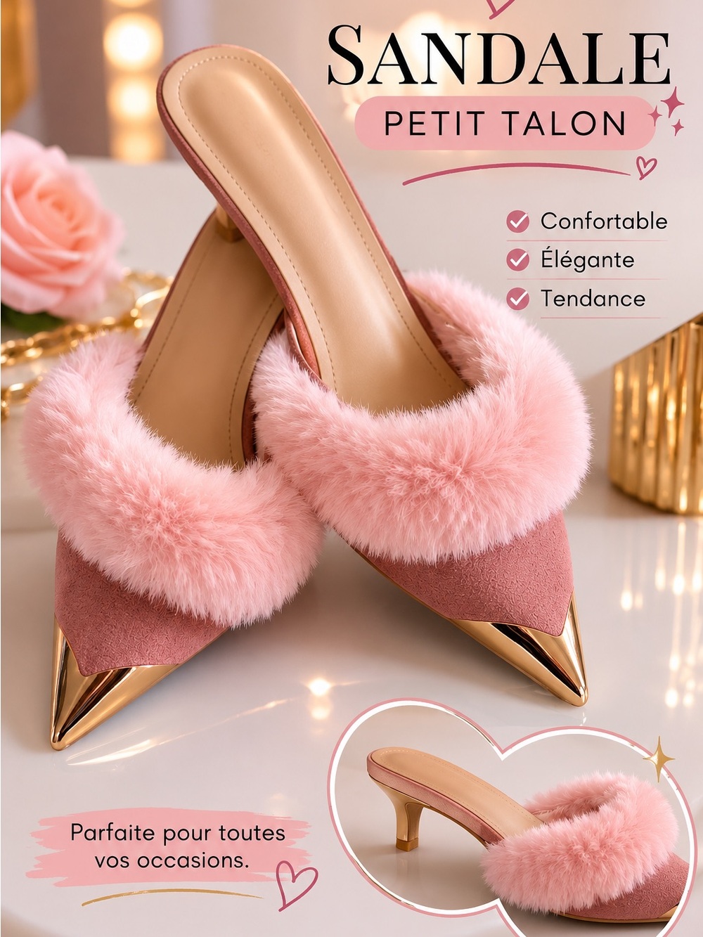 Pink Faux-Fur Pointed Toe Mule with Gold Cap Heel